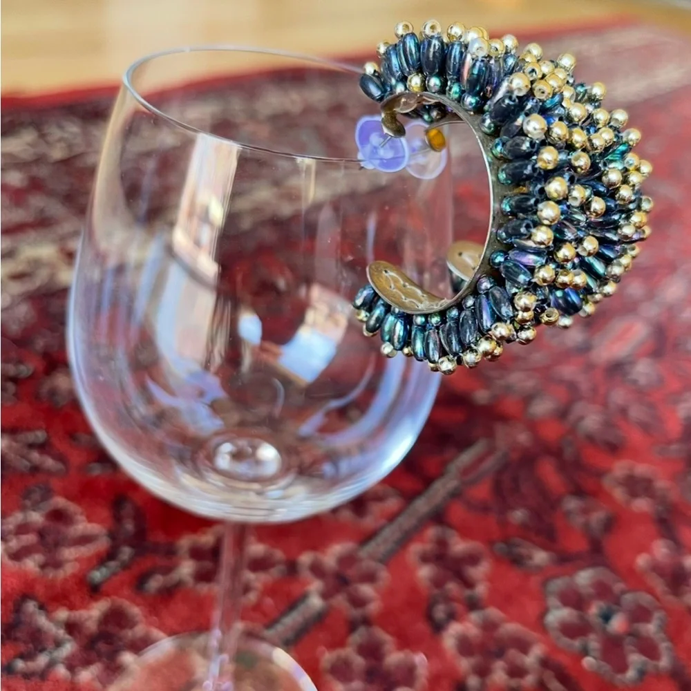 Vintage Statement Openwork Beaded AB Gold 60s 70s Disco Beaded Half Hoop Earring - Picture 4 of 9